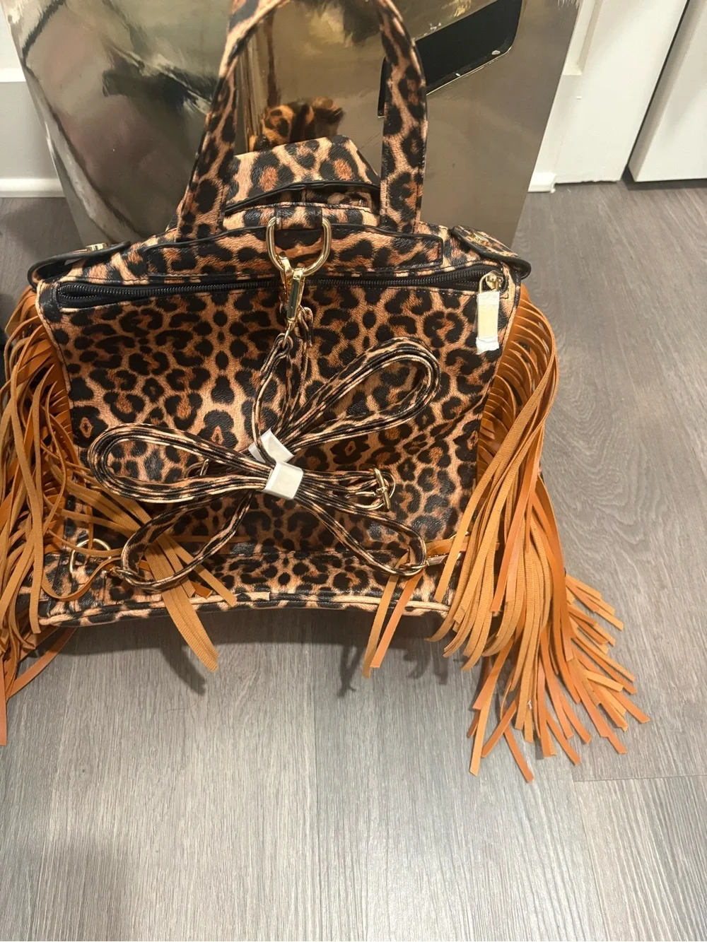 Leopard Print Fringe Backpack Tote - Brown